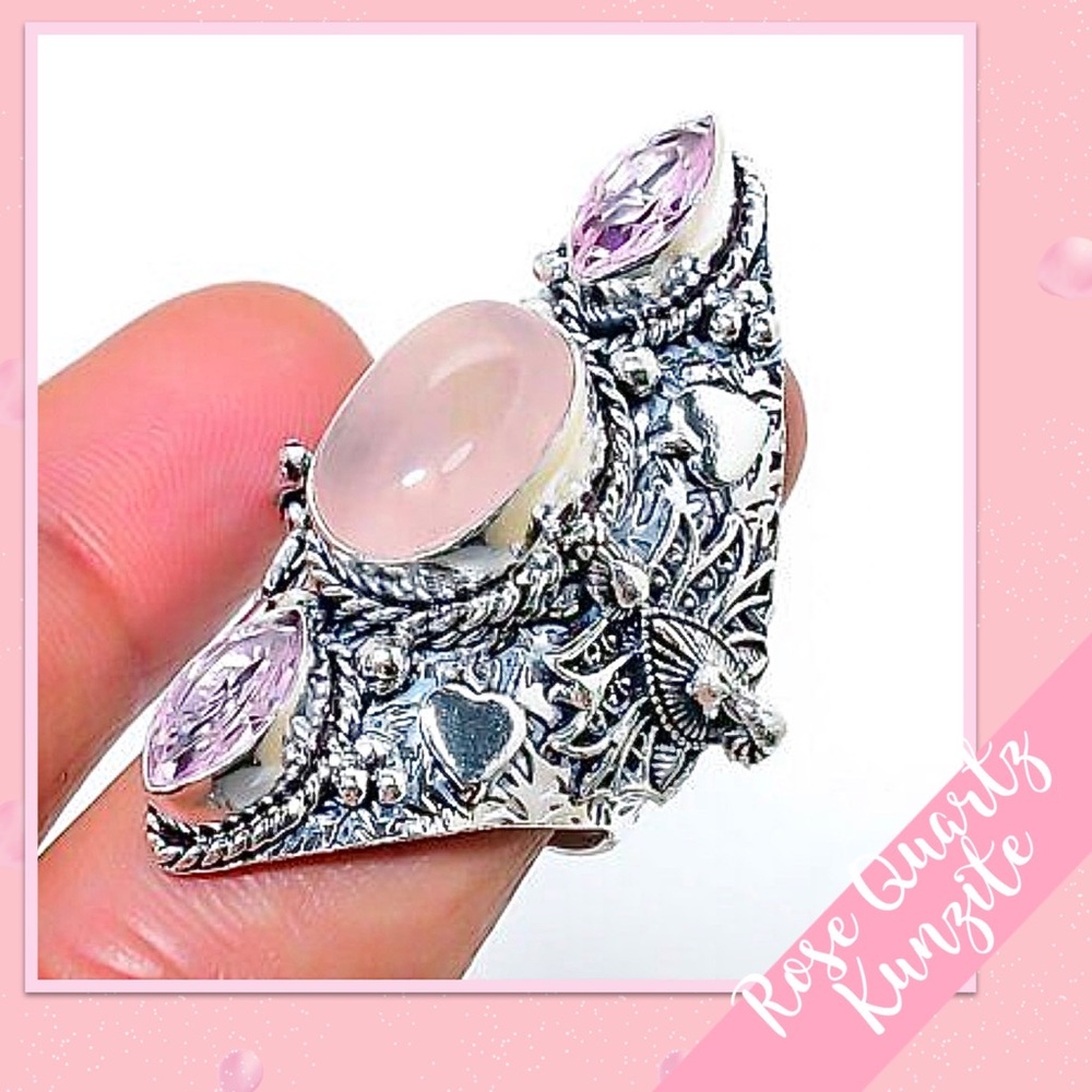 Rose Quartz, Kunzite Eclectic Silver Peacock Heart Ring 6.5 (Pale Pink, Lt Pink) - Picture 1 of 2